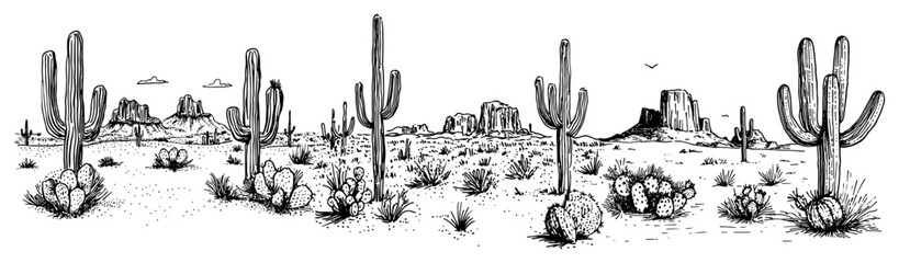 Desert panorama with saguaro cacti and western rock formations in vintage hand drawn style © Kaz