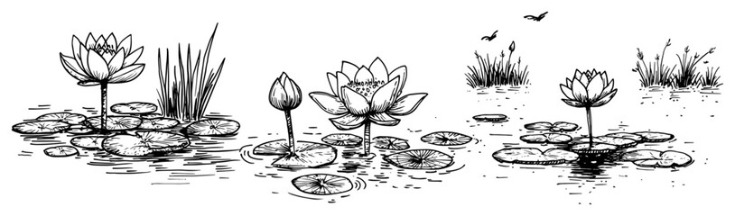 Water lily flowers and lotus pads in pond hand drawn vintage ink sketch © Kaz