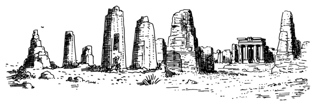 Ancient temple ruins and stone pillars landscape hand drawn vintage ink sketch