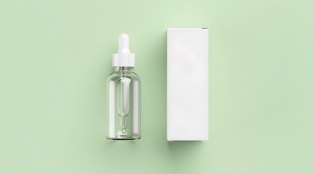 Minimalist Product Photography - Clear Glass Bottle and White Box on a Light Green Surface.