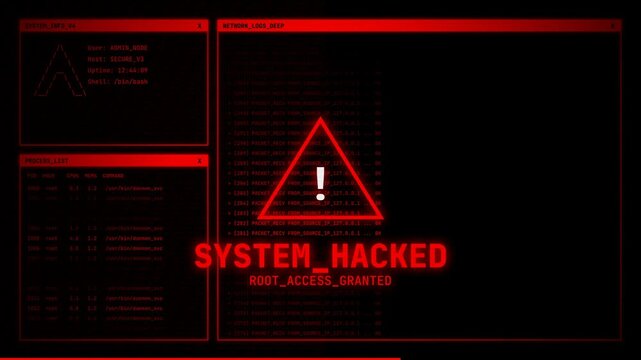 System Hacked Warning Screen with Terminal Command Interface, Red Alert Computer UI Motion Graphic, Cyber Attack Security Breach Simulation, Animated Data Processing and Error Warning Overlay