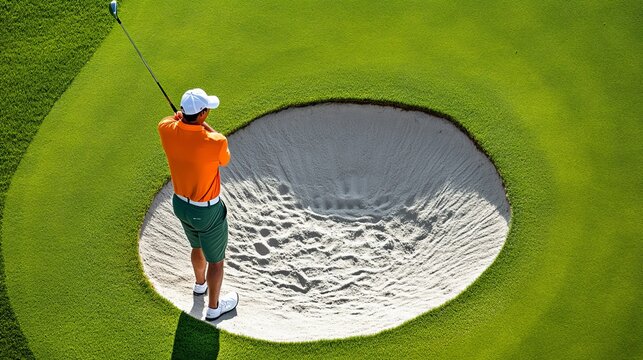 High-Angle Golf View Golfer in Orange Prepares Bunker Shot. White Sand Trap on Green Course. Challenge, Precision and Focus., Golfing, Sports