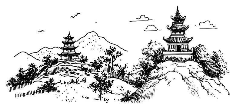 Traditional oriental pagodas on mountain hills with trees in hand drawn engraving style