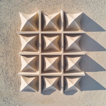 High-angle view A 3x4 grid of recessed geometric forms on a stippled wall, where sharp sunlight creates powerful shadows, transforming the surface into a striking abstract relief.