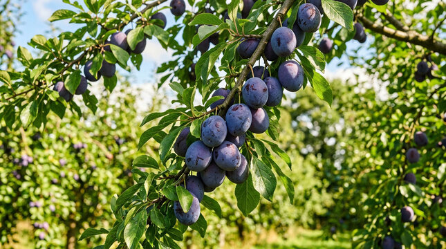 Plum tree with ripe purple plums under blue sky in orchard