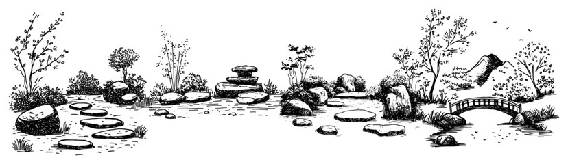 Obraz premium Zen garden landscape with stepping stones and small arched bridge in hand drawn sketch style