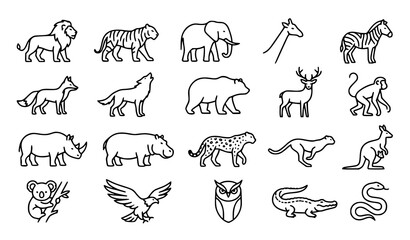 Fototapeta premium Large Wildlife Animal Outline Icon Bundle Hand Drawn Vector Collection