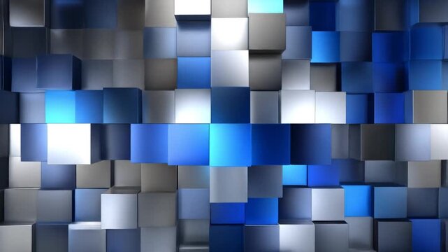 Dynamic 3D geometric cube background with glowing blue and grey blocks, abstract digital pattern, modern technology texture