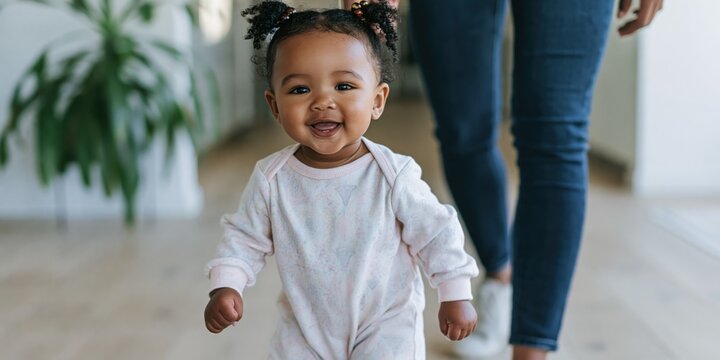 Infant walking toward camera with caregiver following indoors