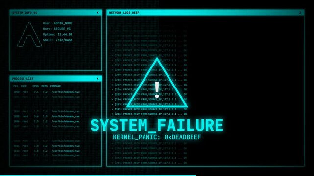 System Failure Error Screen with Terminal Interface, Blue Cyber Attack Warning Overlay, Computer Kernel Panic Simulation, Animated Software Bug and Glitch Notification