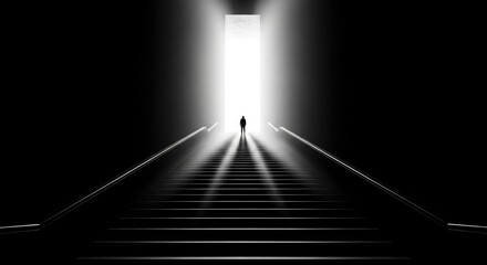 Obraz premium A man in a suit walks up a staircase towards a bright light