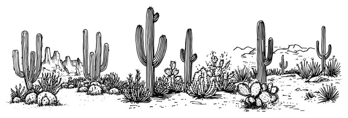 Desert landscape with saguaro cacti and prickly pear plants in hand drawn sketch style © Kaz
