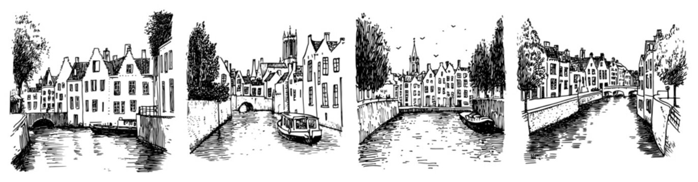 European canal city with historic buildings and bridges architectural sketch