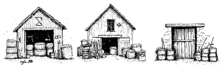 Farm barns and storage sheds with hay bales set of hand drawn vintage ink sketches © Kaz