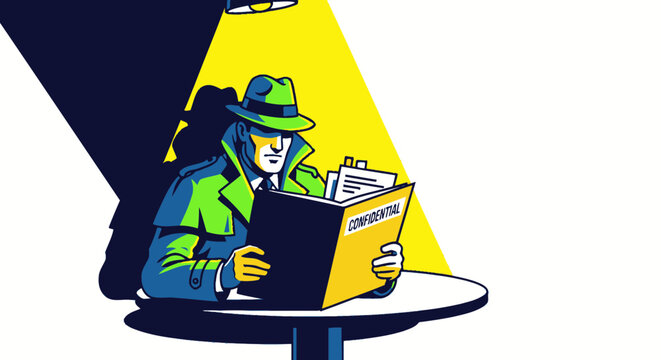 Private investigator reading documents closely.