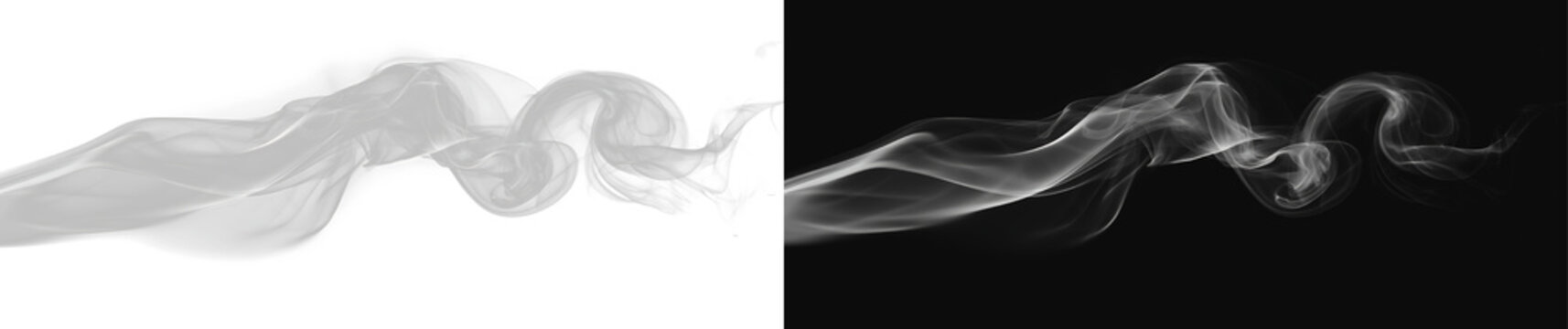 Realistic white smoke swirl trail set, atmospheric dynamic steam vapor wave and cinematic curling smooth mist line on contrast backgrounds