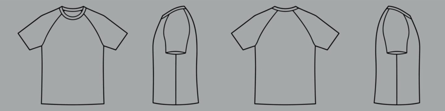 Raglan t-shirt vector template set mock up isolated on gray background. flat technical drawing template. Baseball tee illustration, front, back and side view. Raglan T-shirt Mock-up set.