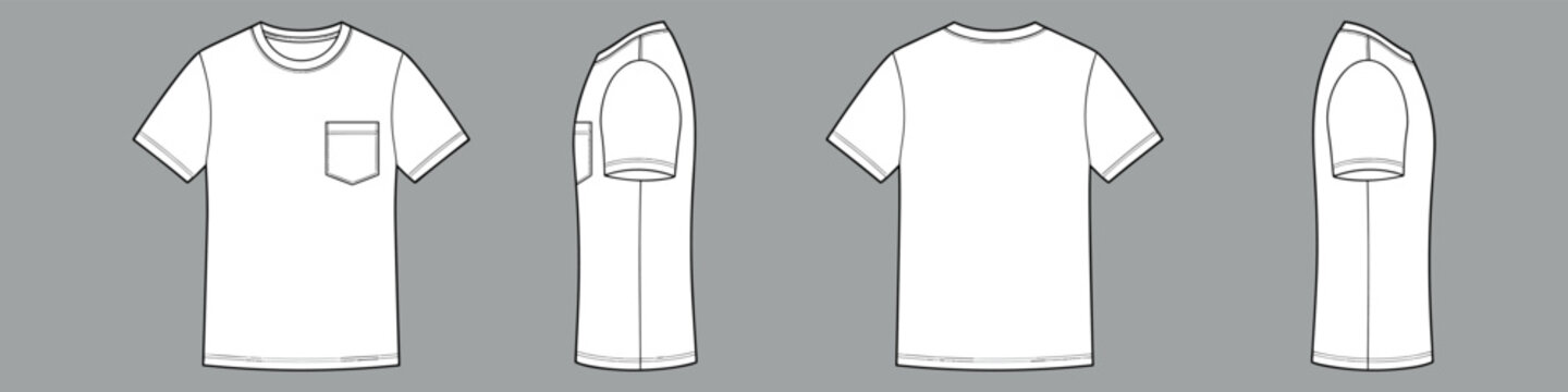 Pocket t-shirt vector template set mock up isolated on gray background. flat technical drawing template. Chest pocket tee illustration, front, back and side view. Pocket T-shirt Mock-up set.