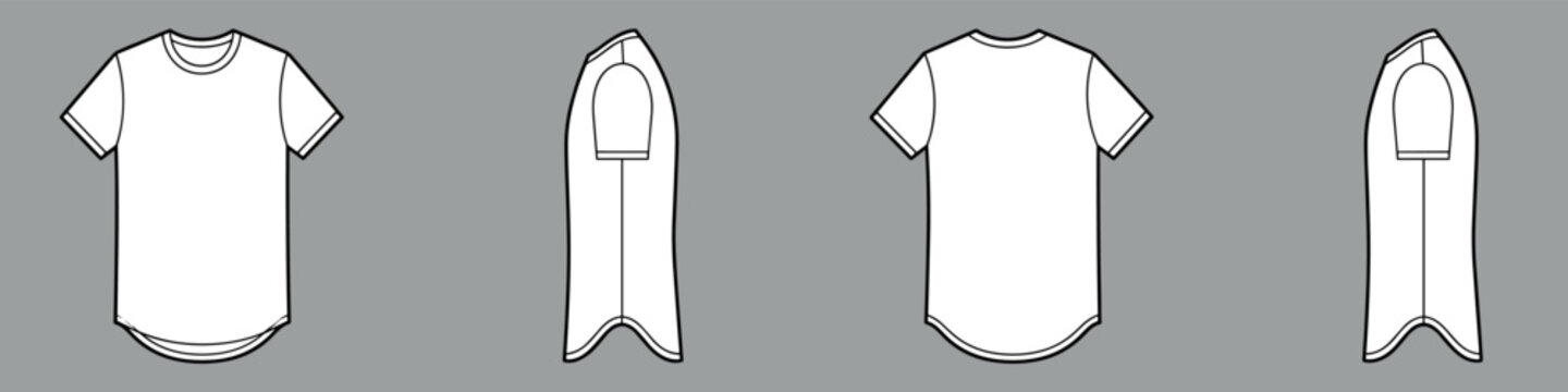 Longline t-shirt vector template set mock up isolated on gray background. flat technical drawing template. Curved hem tee illustration, front, back and side view. Long T-shirt Mock-up set.