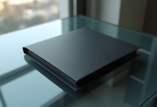 Blank matte black corporate presentation folder resting on a mod