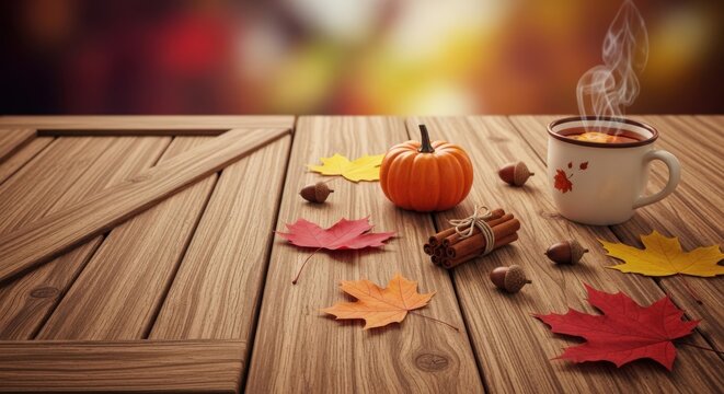 Autumnal wooden table with pumpkin, steaming cup of hot beverage, colorful leaves, and spices.