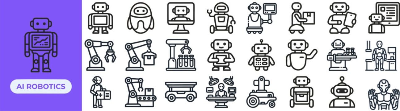 AI Robotics and Automation outline icon set. Featuring robot, chip, mechanical arm, sensor, and circuit symbols. Editable stroke vector icons for robotics startup app.