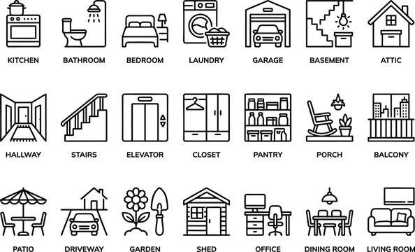 Home Room and Interior Space outline icon set. Featuring kitchen, bedroom, bathroom, garage, and living room symbols. Editable stroke vector icons for real estate app and home floor plan platform.