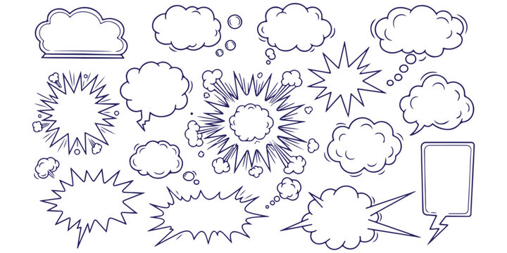 Set of hand drawn comic speech bubbles and thought clouds in sketch style Vector, illustration
