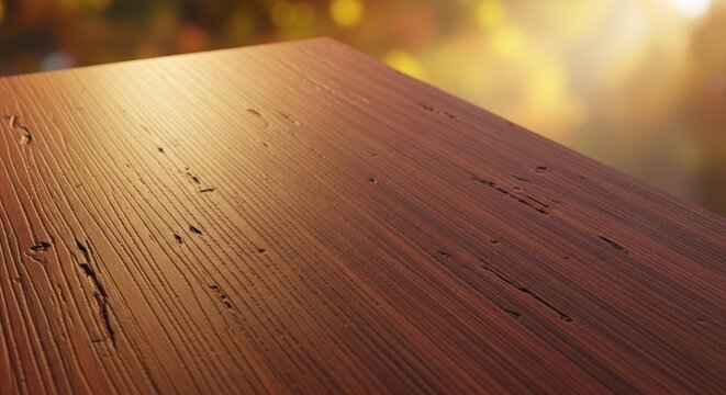 warmly lit wooden surface with visible grain and texture against a blurred autumnal.