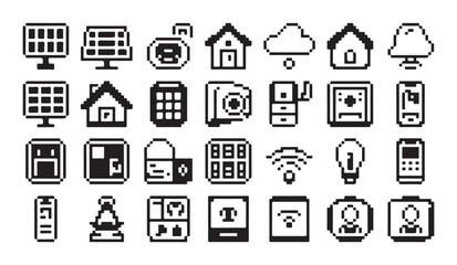 Pixel art interface icons for green energy management systems and smart home networking. © Md