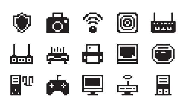Graphic set of modern pixel art icons depicting network equipment and computing hardware.
