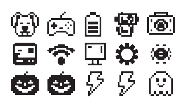 Creative pixel art icon pack containing funny characters seasonal symbols and tech tools.
