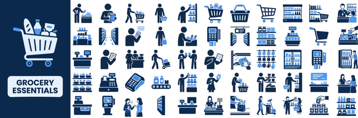 Naklejka na ściany i meble Supermarket Retail and Checkout solid icon set. Featuring cashier, shopping bag, scanner, trolley, and receipt symbols. Editable stroke vector icons for retail pos app.