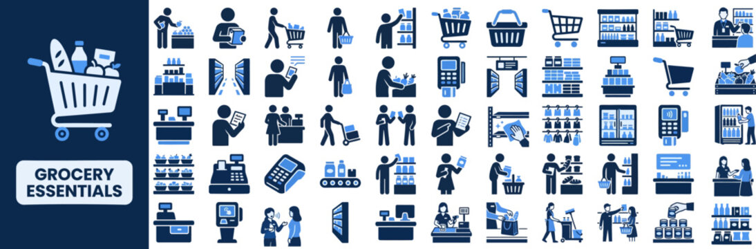 Supermarket Retail and Checkout solid icon set. Featuring cashier, shopping bag, scanner, trolley, and receipt symbols. Editable stroke vector icons for retail pos app.