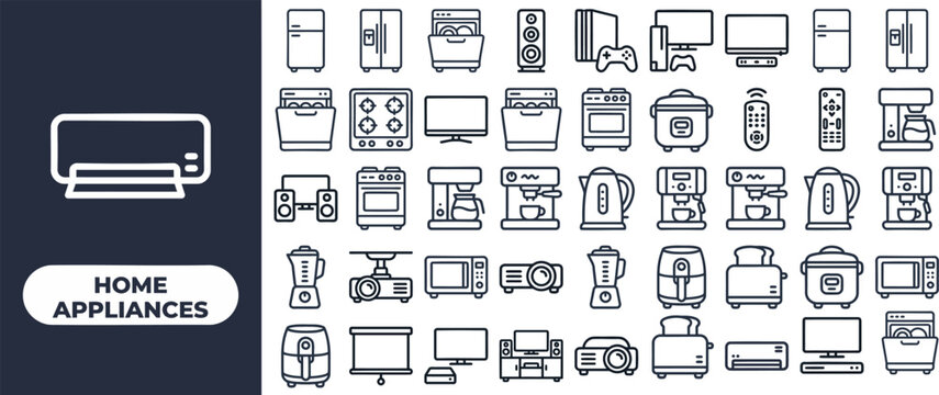 Home Appliance and Electronics outline icon set. Featuring washing machine, fridge, microwave, tv, and fan symbols. Editable stroke vector icons for home appliance store app.
