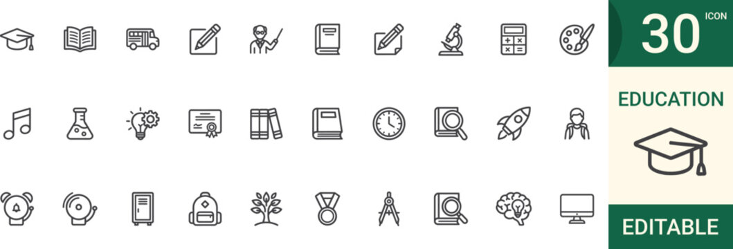 Education 30 icons set editable and customizable Vector illustration.