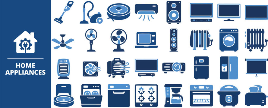 Smart Home Device and Gadget outline icon set. Featuring robot vacuum, speaker, thermostat, router, and air purifier symbols. Editable stroke vector icons for smart home automation app.