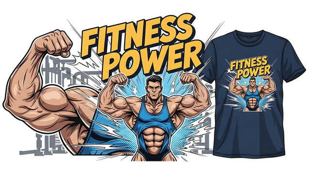 Muscular bodybuilder flexing arms with fitness power text isolated on a transparent background