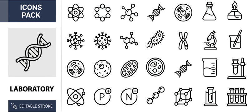 Laboratory and Science Research outline icon set. Featuring microscope, dna, flask, molecule, and test tube symbols. Editable stroke vector icons for biotech research app.