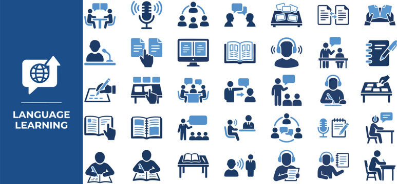 Language Learning and Education flat icon set. Featuring book, translation, speech bubble, globe, and dictionary symbols. Editable stroke vector icons for language tutoring app.