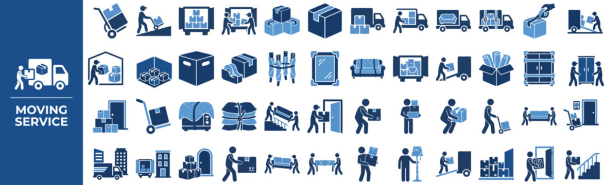 Moving Service and Relocation outline icon set. Featuring box, truck, dolly, furniture, and packing tape symbols. Editable stroke vector icons for moving company app and relocation booking platform.