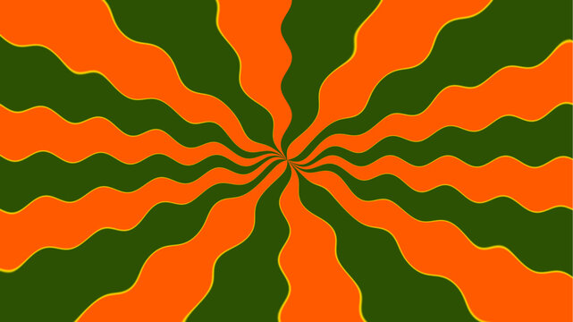 Abstract optical illusion with radiating orange green wavy bands forming dynamic starburst motion depth vibrant geometric pattern