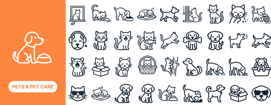 Dog and Cat Breed outline icon set. Featuring puppy, kitten, paw, bone, and pet house symbols. Editable stroke vector icons for animal adoption app and pet grooming salon guide.
