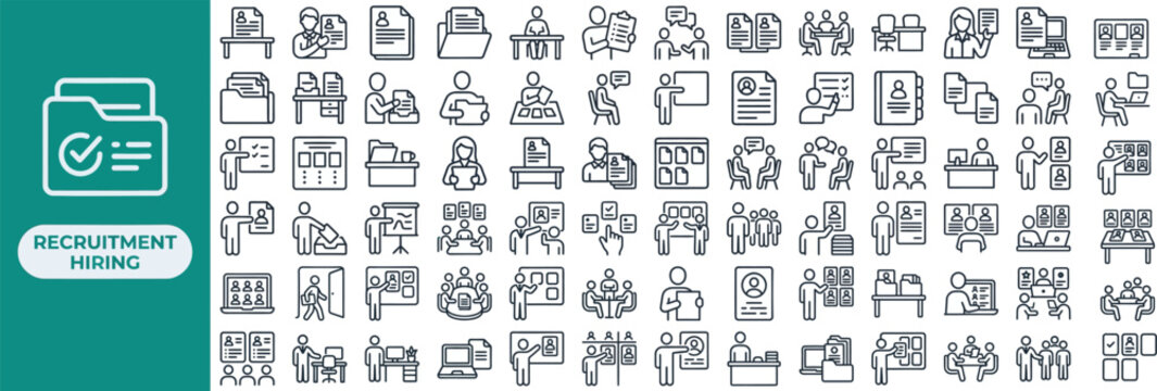 Recruitment and Hiring Process outline icon set. Featuring resume, interview, candidate, badge, and handshake symbols. Editable stroke vector icons for HR recruitment app.