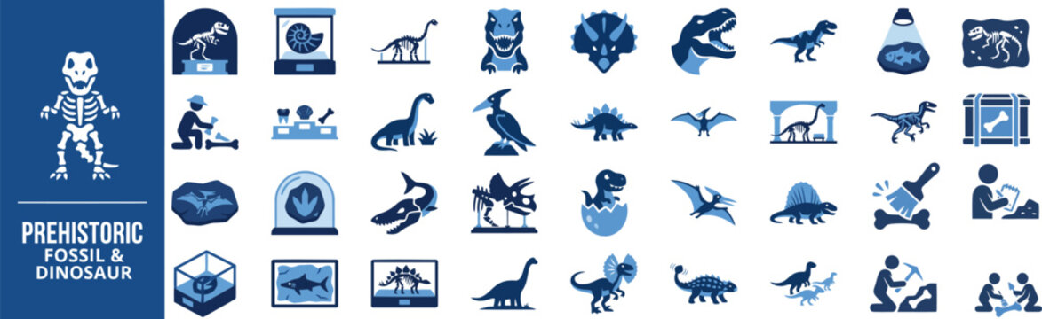 Prehistoric Dinosaur and Fossil solid icon set. Featuring t-rex, triceratops, skull, egg, and footprint symbols. Editable stroke vector icons for natural history museum app.