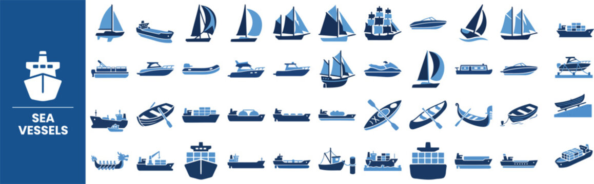 Sea Vessel and Boat Type solid icon set. Featuring sailboat, yacht, ferry, cargo ship, and tugboat symbols. Editable stroke vector icons for maritime shipping app and marine fleet tracking platform.
