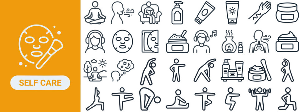 Beauty Treatment and Spa Care outline icon set. Featuring face mask, massage, yoga, aroma, and mirror symbols. Editable stroke vector icons for wellness spa app and skincare clinic booking platform.