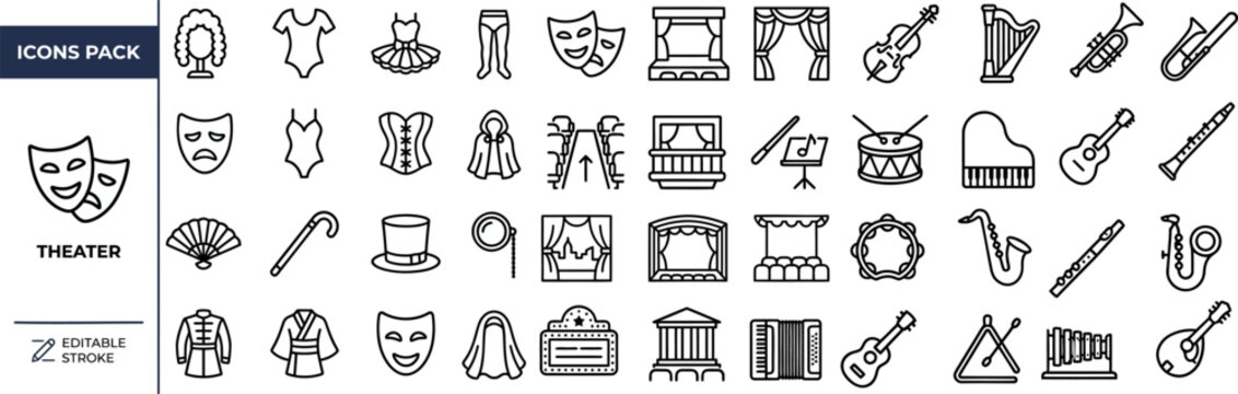 Theater and Performing Arts outline icon set. Featuring mask, curtain, ticket, spotlight, and violin symbols. Editable stroke vector icons for theater booking app and performing arts venue guide.