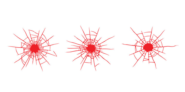 Three red shattered glass hole patterns isolated on a simple graphic design Vector, illustration