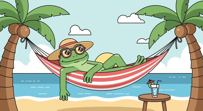 Cartoon frog relaxing in a hammock on a tropical beach.